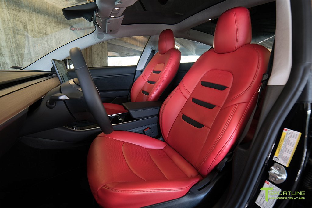 Luxurious Tesla Model 3 Seat Upgrade (Red Leather - Black Suede Insignia)