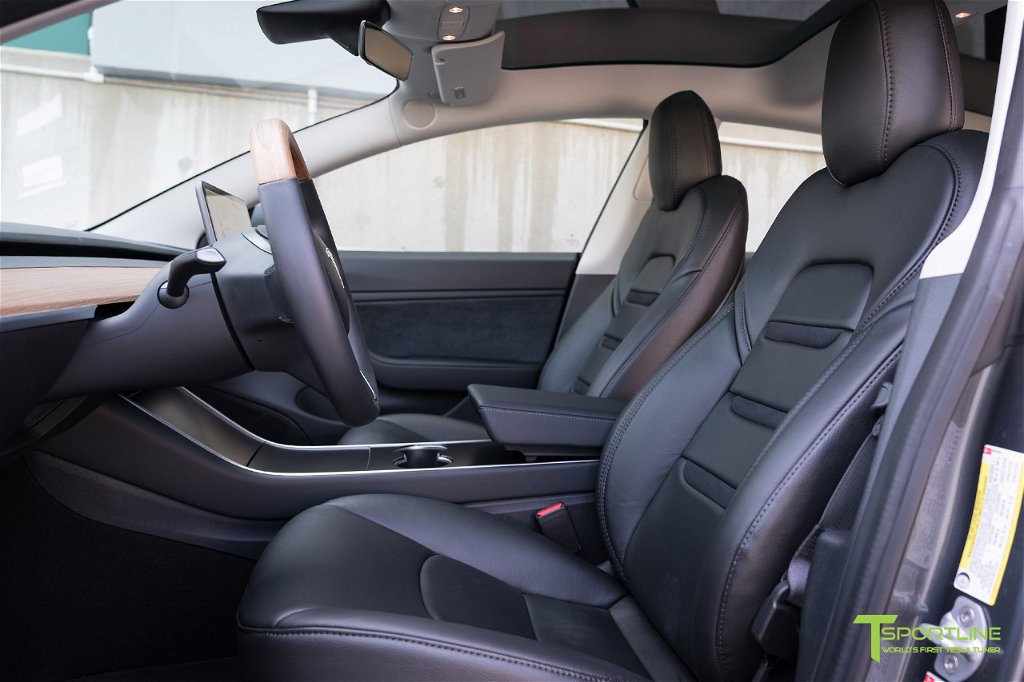 Luxurious Tesla Model 3 seat upgrades (Black Vegan Leather - Black Suede Insignia)